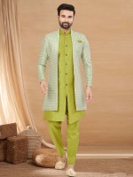 Parrot Green Art Silk Indo Western Readymade Indo Western Sherwani